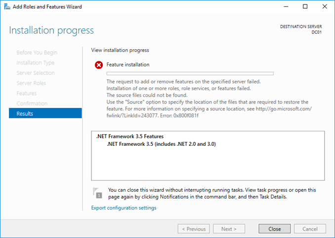 Εγκατάσταση .NET Framework 3.5 στον Windows Server 2016
