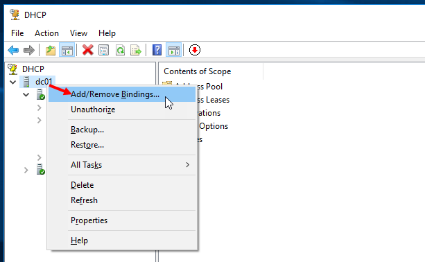 Προσθήκη και αφαίρεση bindings στον DHCP Server 2016