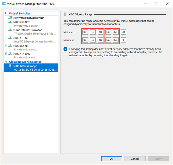Ρύθμιση δυναμικών MAC διευθύνσεων στον Hyper-V Server 2016