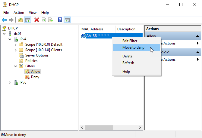 Ρύθμιση Filters στον DHCP Server 2016